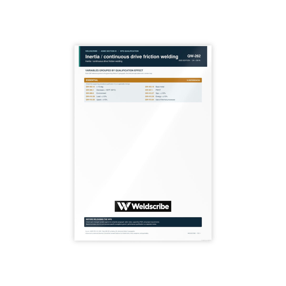 QW-262 friction welding qualification variables poster for ASME Section IX – product view 4