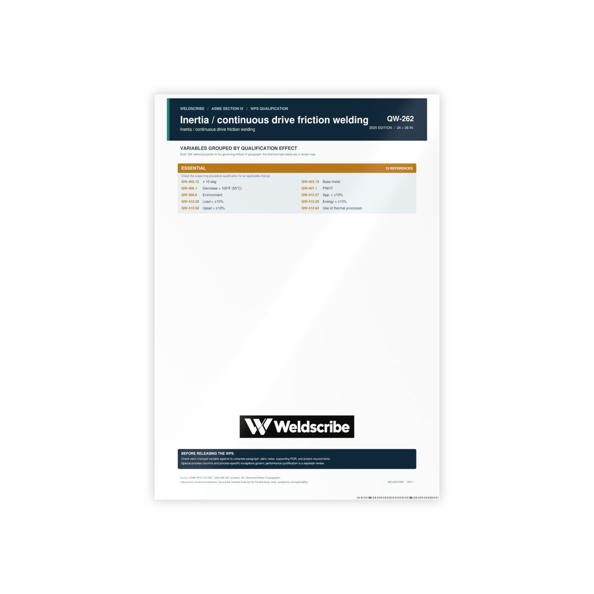 QW-262 friction welding qualification variables poster for ASME Section IX – product view 2