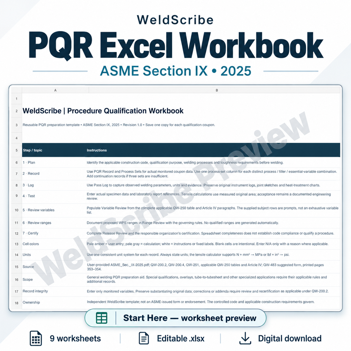 ASME Section IX PQR Excel workbook template