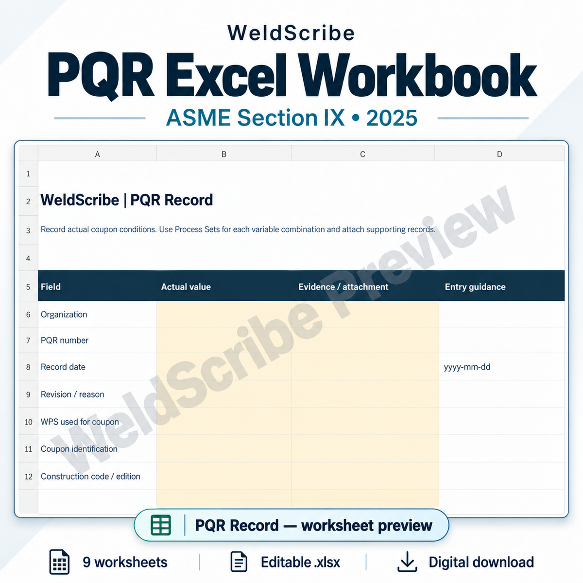 ASME Section IX Procedure Qualification Record Excel template preview