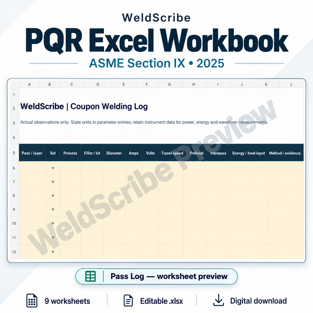 ASME Section IX 2025 PQR workbook worksheet preview
